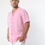 חולצת פשתן שרול קצר צווארון מעוגל איטליה | ורוד