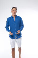 ⁦חולצת פשתן צווארון איטליה | כחול⁩ – תמונה ⁦3⁩