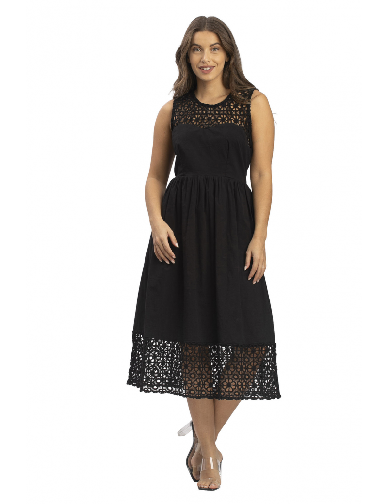 robe-mi-longue-noire-col-et-bas-dentelle-doubléepopeline-smlxl שמלת כותנה שילוב תחרה /שחור – תמונה 1