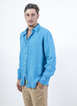 ⁦חולצת פשתן צווארון איטליה | תכלת כהה⁩ – תמונה ⁦4⁩