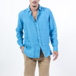 חולצת פשתן צווארון איטליה | תכלת כהה