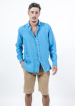 חולצת פשתן צווארון איטליה | תכלת כהה