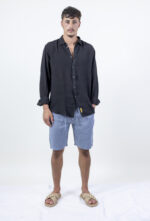 ⁦חולצת פשתן צווארון איטליה | שחור⁩ – תמונה ⁦5⁩