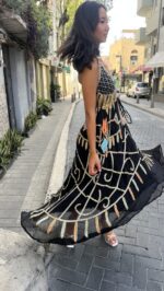 ⁦שמלת רקומה תכלת כתום חרוזים | שחור⁩ – תמונה ⁦3⁩