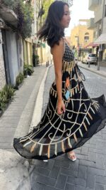 ⁦שמלת רקומה תכלת כתום חרוזים | שחור⁩ – תמונה ⁦3⁩