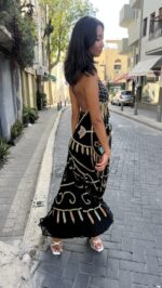 ⁦שמלת רקומה תכלת כתום חרוזים | שחור⁩ – תמונה ⁦2⁩