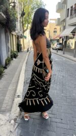 ⁦שמלת רקומה תכלת כתום חרוזים | שחור⁩ – תמונה ⁦2⁩