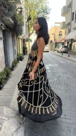 ⁦שמלת רקומה תכלת כתום חרוזים | שחור⁩ – תמונה ⁦10⁩