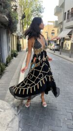 ⁦שמלת רקומה תכלת כתום חרוזים | שחור⁩ – תמונה ⁦9⁩