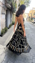 ⁦שמלת רקומה תכלת כתום חרוזים | שחור⁩ – תמונה ⁦7⁩