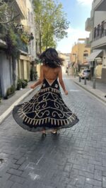 שמלת רקומה תכלת כתום חרוזים | שחור