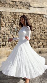 ⁦שמלת תחרה שרוול ארוך /לבן⁩ – תמונה ⁦5⁩