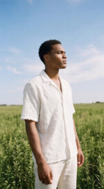 ⁦חולצה כותנה חצי שרוול מעויינים | לבן⁩ – תמונה ⁦5⁩